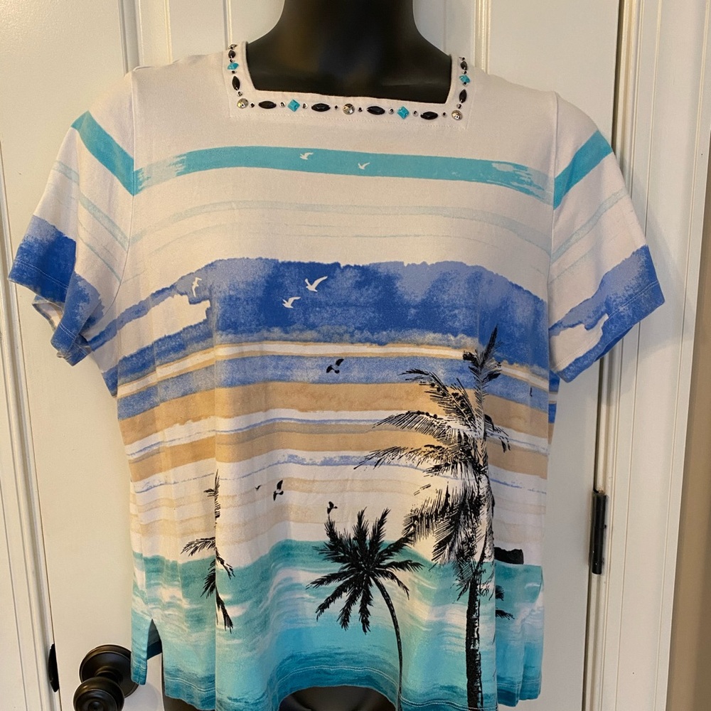 Alfred Dunner Beaded Square Neck Beachy Knit Shirt